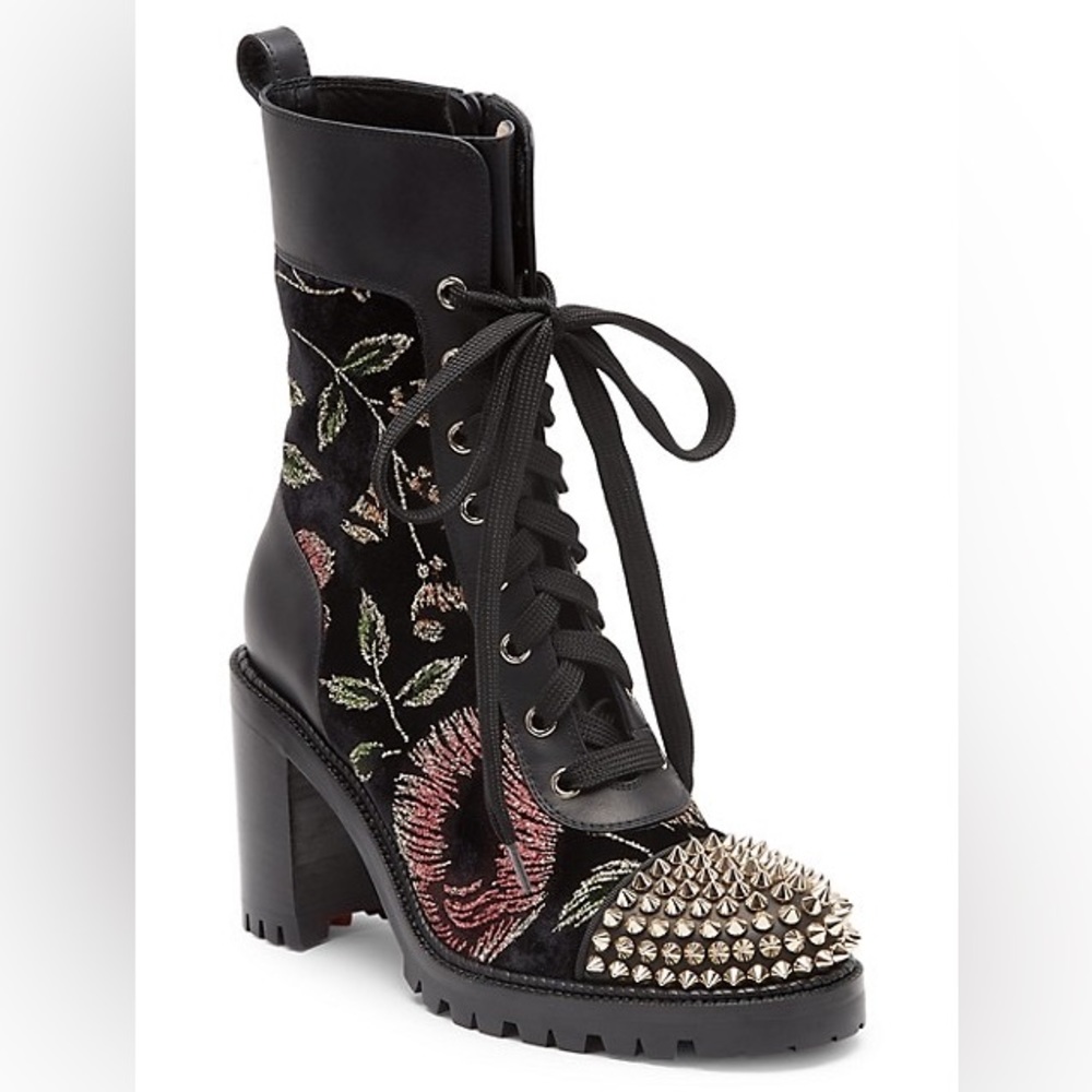 Christian Louboutin Croc Floral Studded Hiking Ankle Boots Black Spike Studded